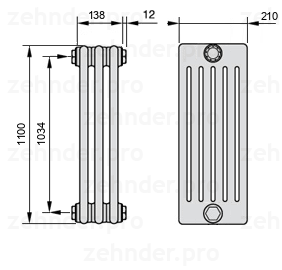 Схема (чертеж) Радиатор Zehnder Charleston 6110/3 №1270 Белый глянцевый RAL 9016